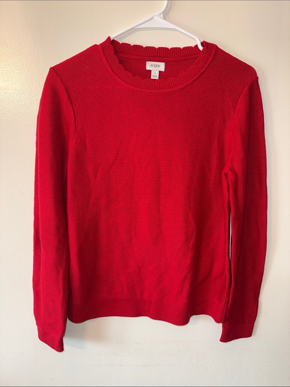 J. Crew Red Scallop-Trim Crewneck Sweater